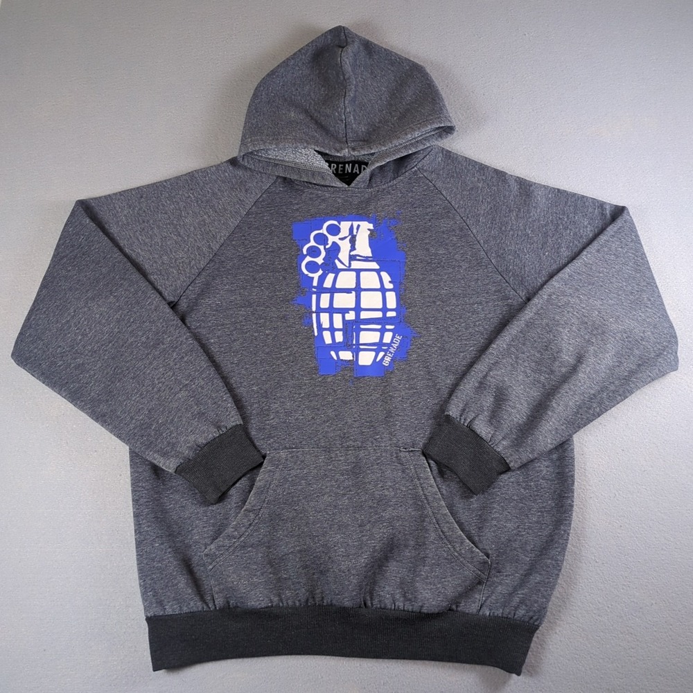 Grenade Hoodie Mens Large Gray Fleece Pullover Kangaroo Pocket Front Graphic Y2K